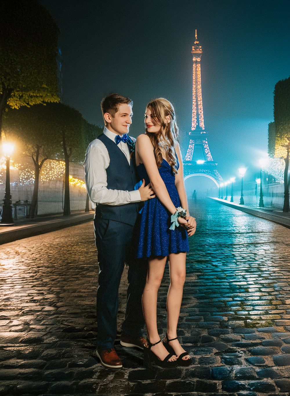 A couple poses on cobblestone streets with the illuminated Eiffel Tower glowing in the background. Pittsburgh prom and homecoming photograph