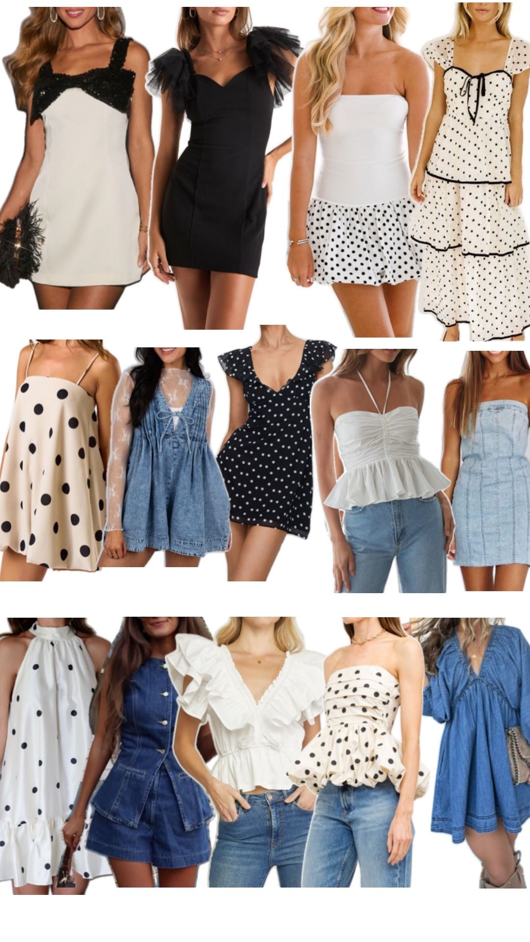 Collection of black and white summer dresses and tops with polka dot patterns.