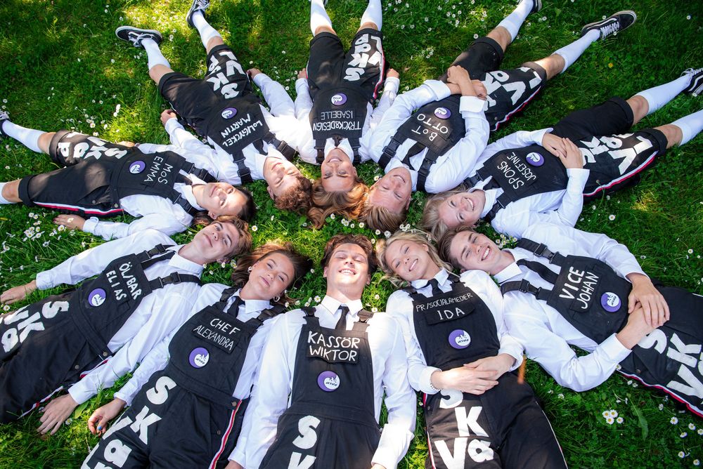 Kreativ gruppbild på studenter tagen från ovan