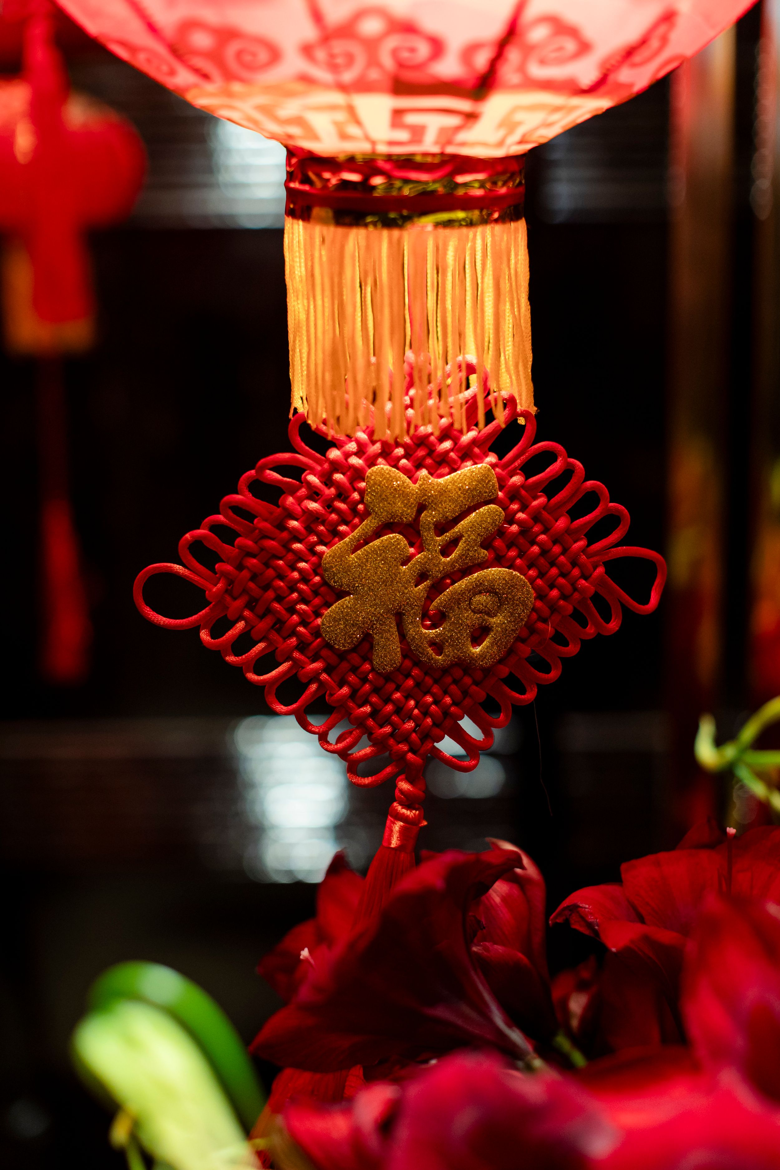 Close-up of illuminated Chinese lantern with traditional red knot decoration and gold character.