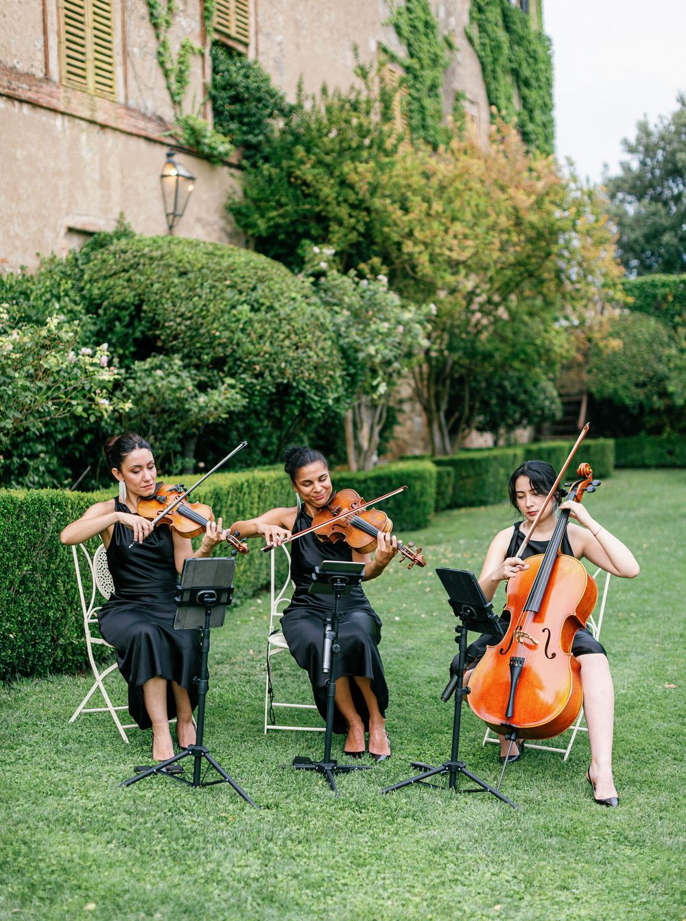 String quartet musicians in black attire perform while seated outdoors on a manicured lawn with trees in background.
