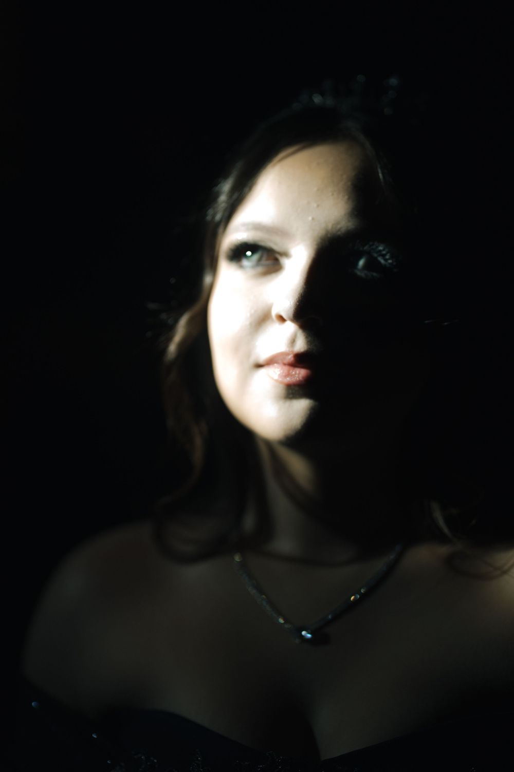 A dramatic series of shadowy portraits showing a face partially illuminated in darkness with moody lighting effects.