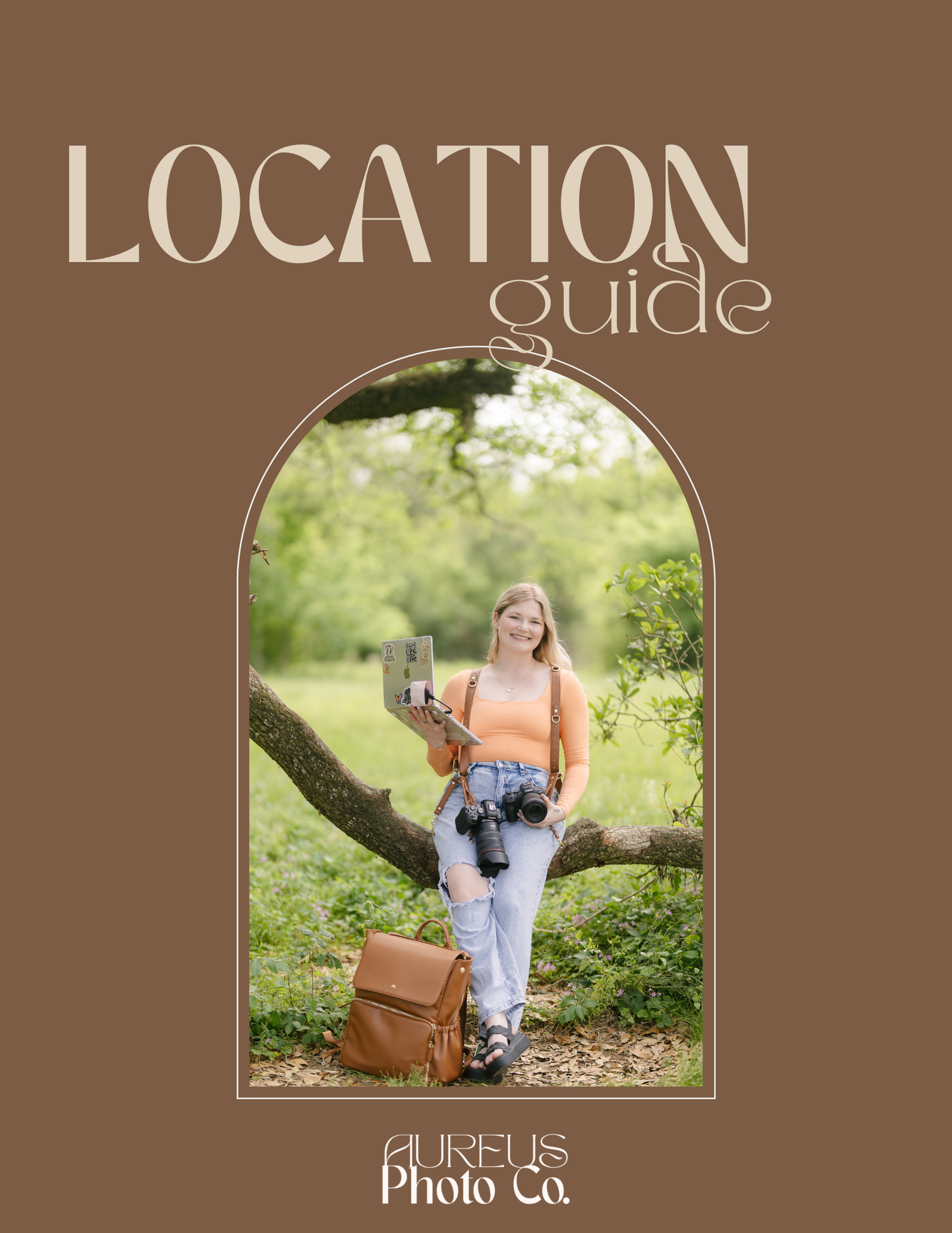 Location guide cover featuring a smiling young woman leaning on a tree branch outdoors, published by Aureus Photo Co.