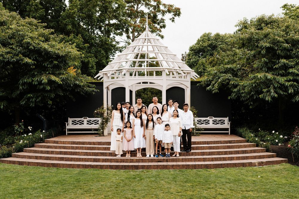 A panoramic collage of an outdoor wedding ceremony setup with a white gazebo and guests in light-colored attire in a garden.