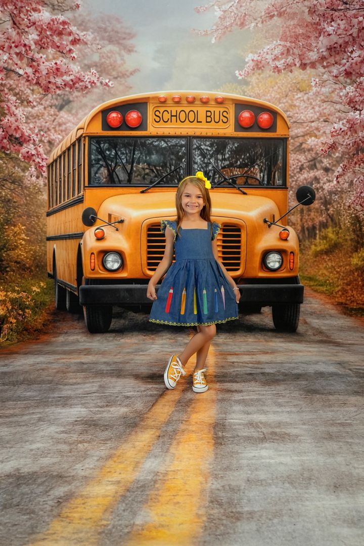 Cherry blossoms frame a yellow school bus parked on a rural road during springtime, creating a dreamy pink backdrop.