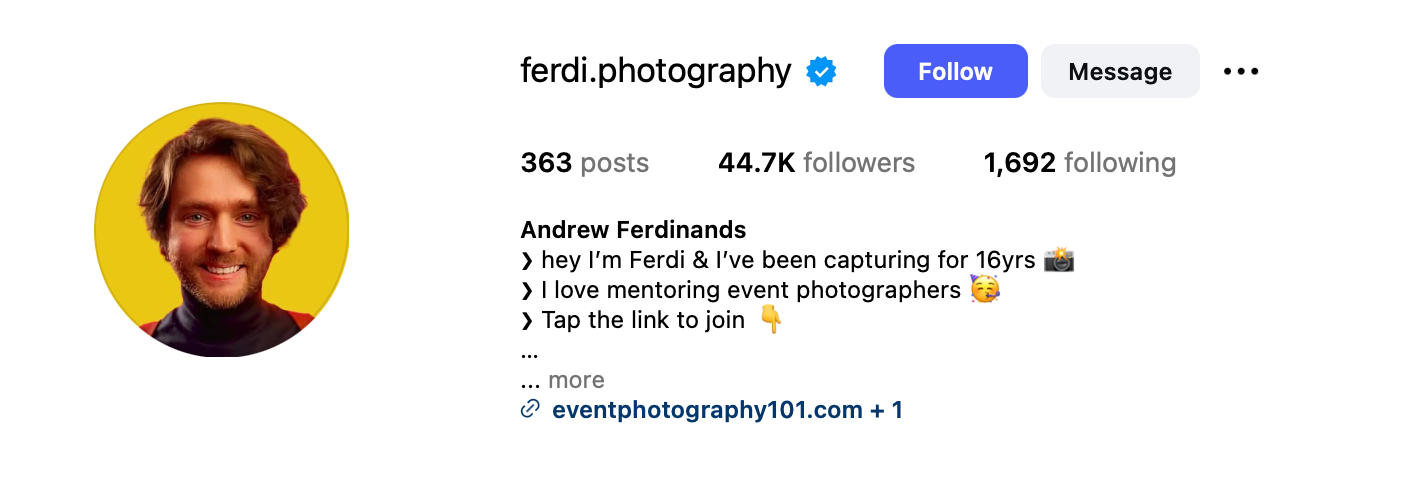 A professional Instagram profile page layout showing username, stats, and profile photo against a white background.