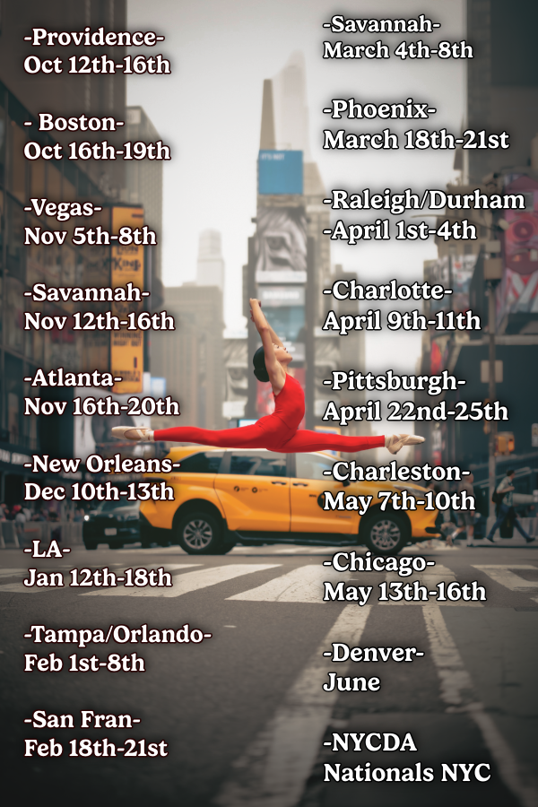 A promotional banner showing tour dates and locations across US cities including Boston, Vegas, Atlanta and other destinations.