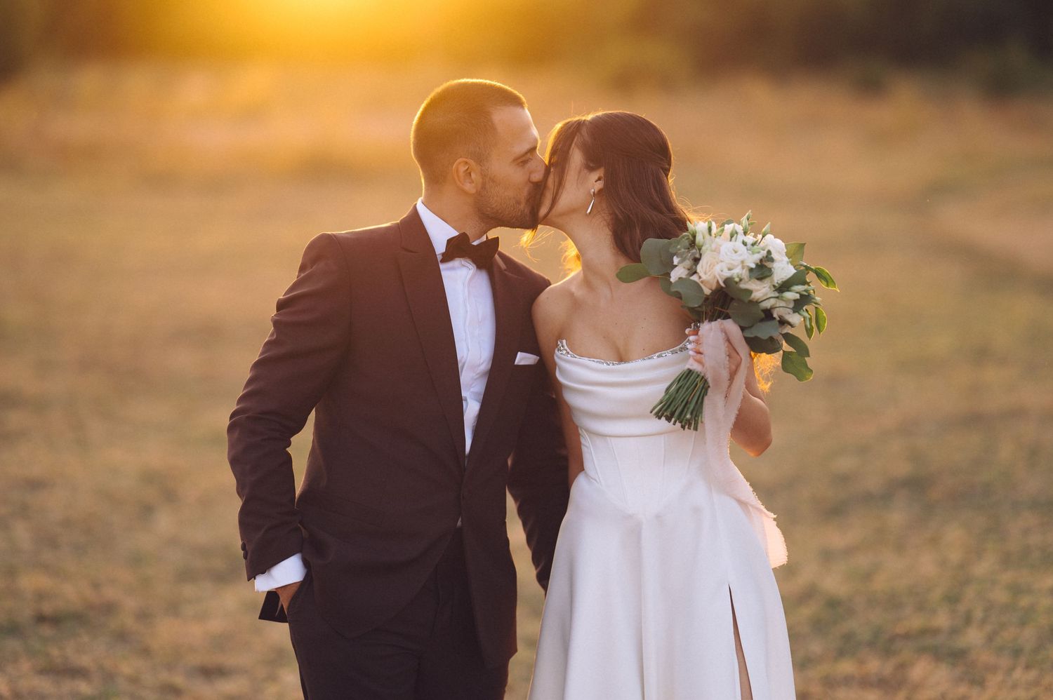 A cropped and collaged wedding photo series showing couples in formalwear during golden hour sunset photography.