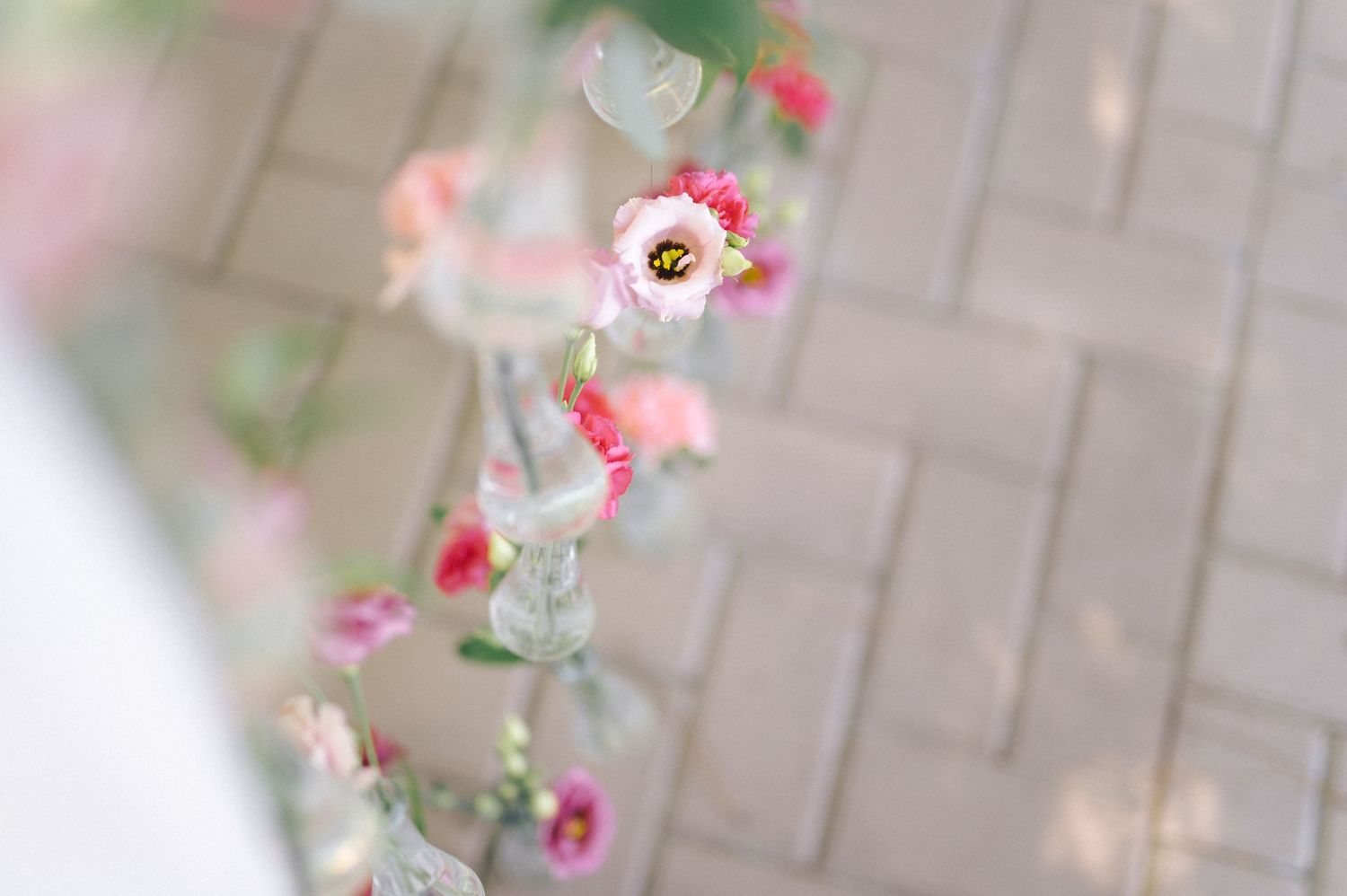 Pink and white hollyhock flowers bloom against a blurred brick wall background.