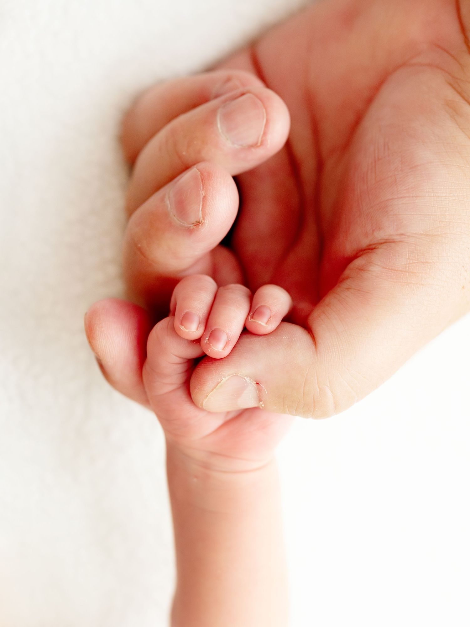 Close-up series showing a gentle hand hold between an adult and infant demonstrating different touching positions.