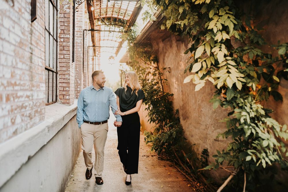 Bride-to-be in sunset light at Cotton Mill McKinney engagement shoot
