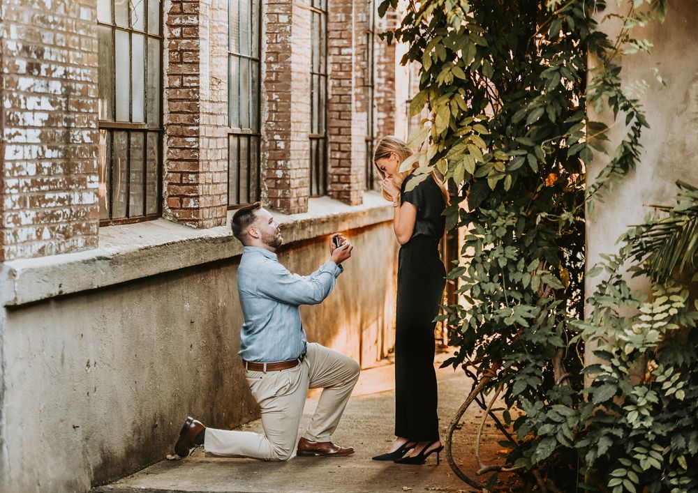 Romantic portraits in front of rustic brick walls at McKinney Cotton Mill