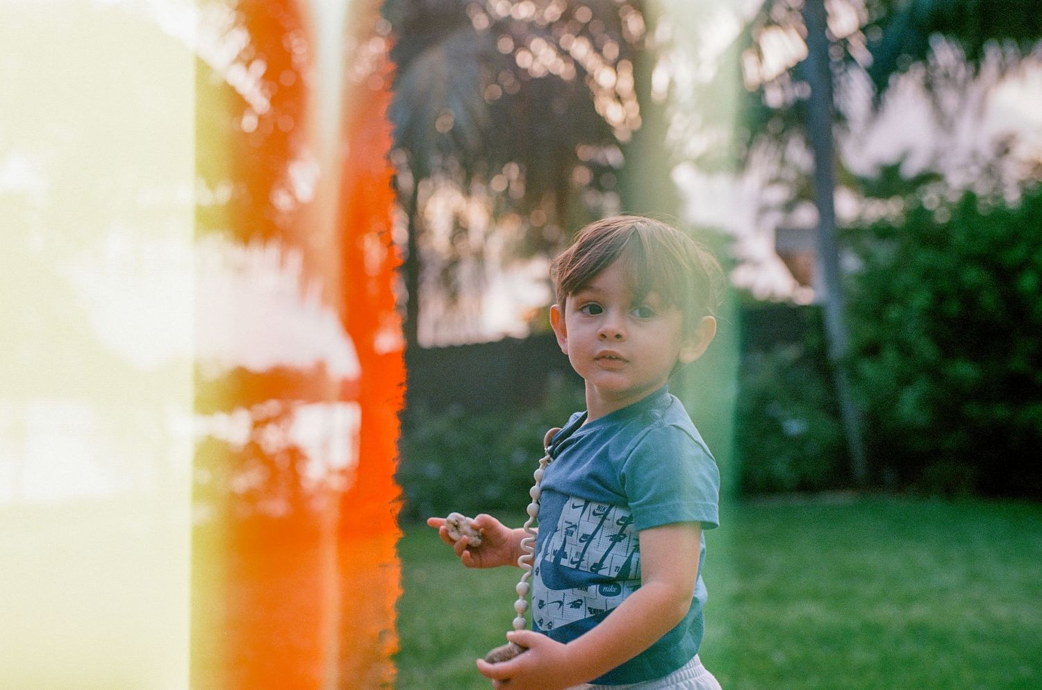 Dreamy film photo with light leaks and orange flares in a backyard setting.