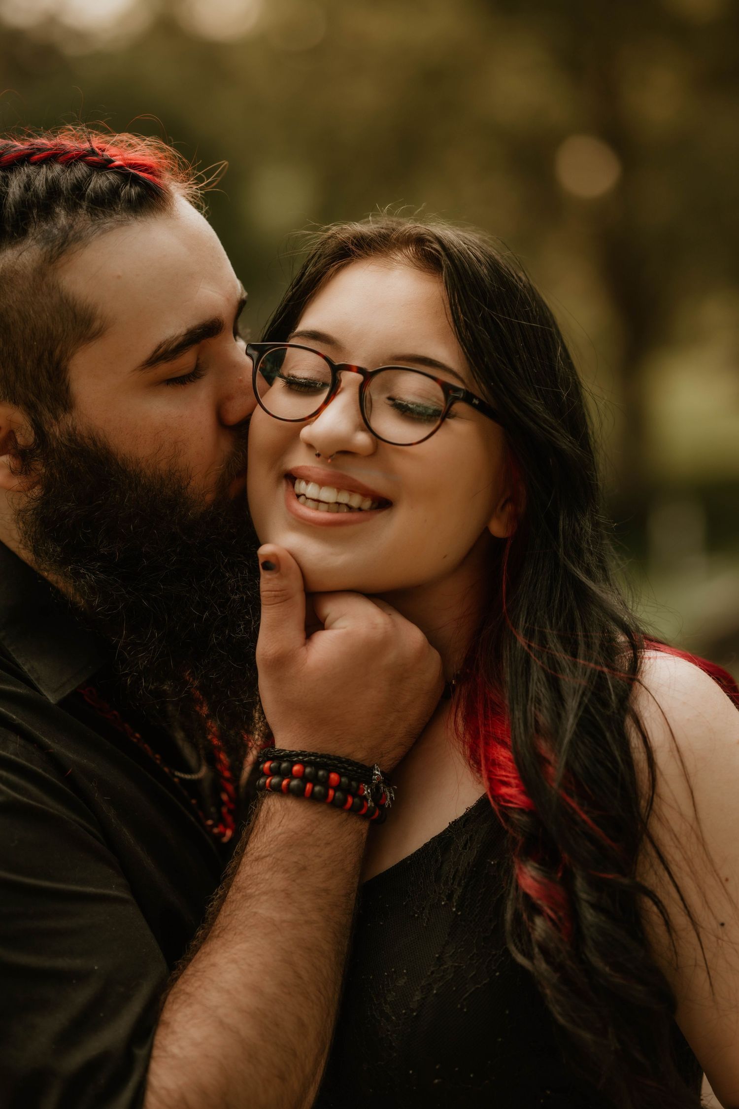 Romantic couple sharing intimate moments in a series of close-up photos with warm lighting and bokeh background.