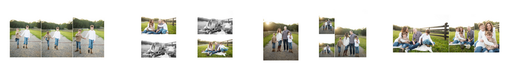 Grid of small family photo thumbnails showing outdoor ceremony and reception moments.