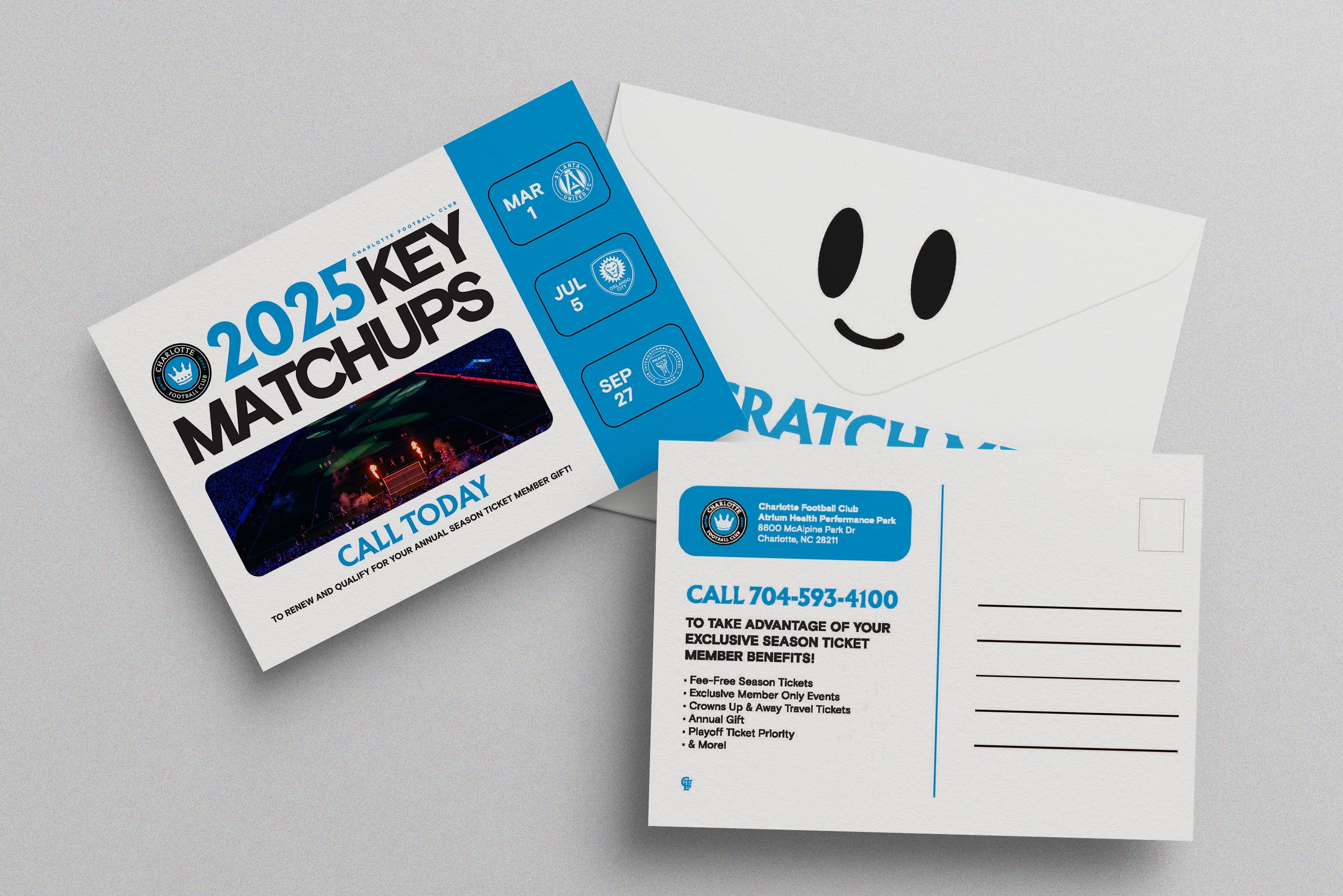 Charlotte FC 2025 Key Matchups promotional postcard with ticket call-to-action information.