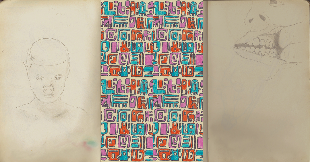 Vintage book pages with colorful alphabet letter patterns on decorative paper borders featuring a man with a pig's nose