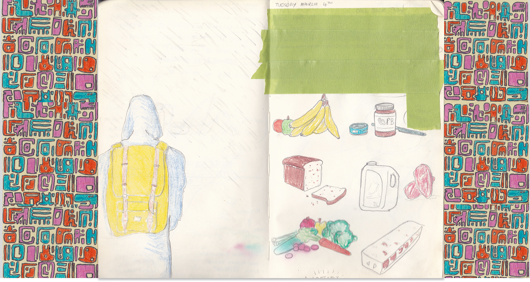 Colorful illustrated storyboard panels showing a hooded figure with a yellow backpack groceries and other items against patterned wallpaper.
