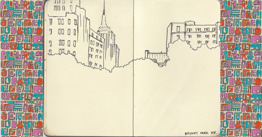 A series of simple line drawings depicting buildings and architectural sketches arranged in a horizontal strip format featuring Bryant Park