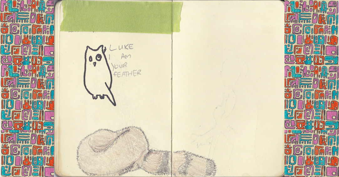 A series of simple cat sketches and doodles arranged in a row showing an owl and a hunting hat
