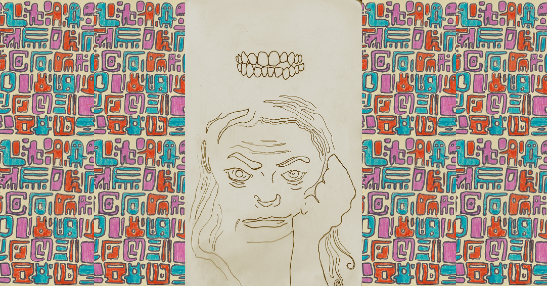 Colorful grid pattern with repeating squares in red, blue, and green tones alternates with simple line drawings of a woman and teeth