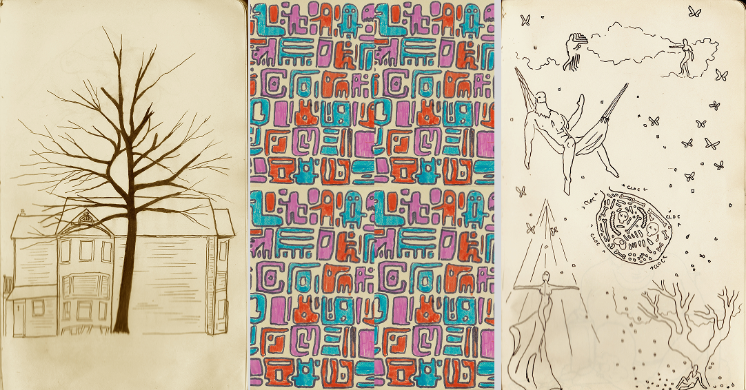 A collection of sketches featuring trees, abstract patterns, and geometric designs arranged in a horizontal row.