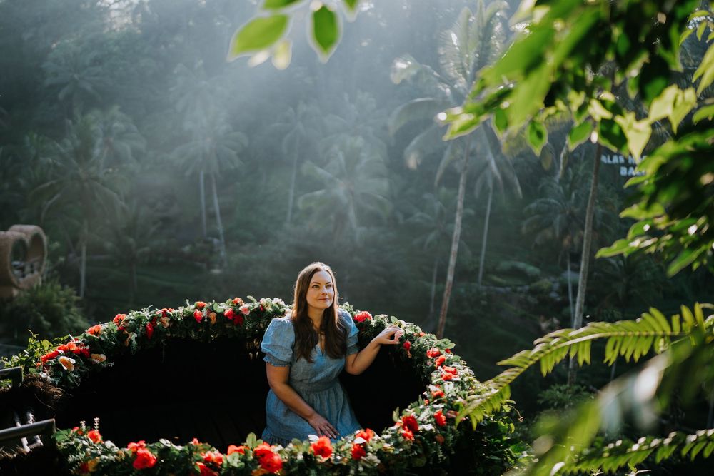 Professional solo lifestyle photoshoot at Alas Harum Ubud with lush rice terrace views.
