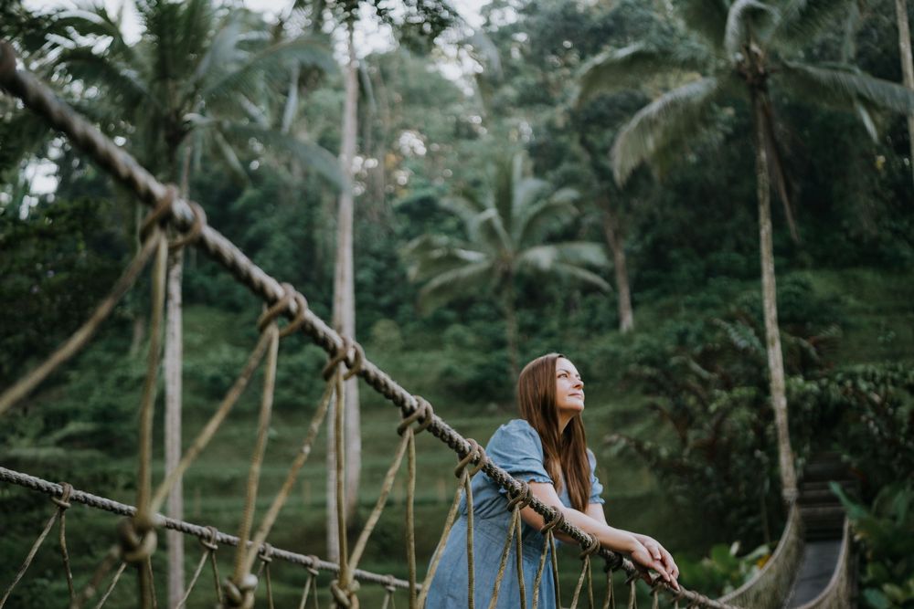 Professional solo lifestyle photoshoot at Alas Harum Ubud with lush rice terrace views.