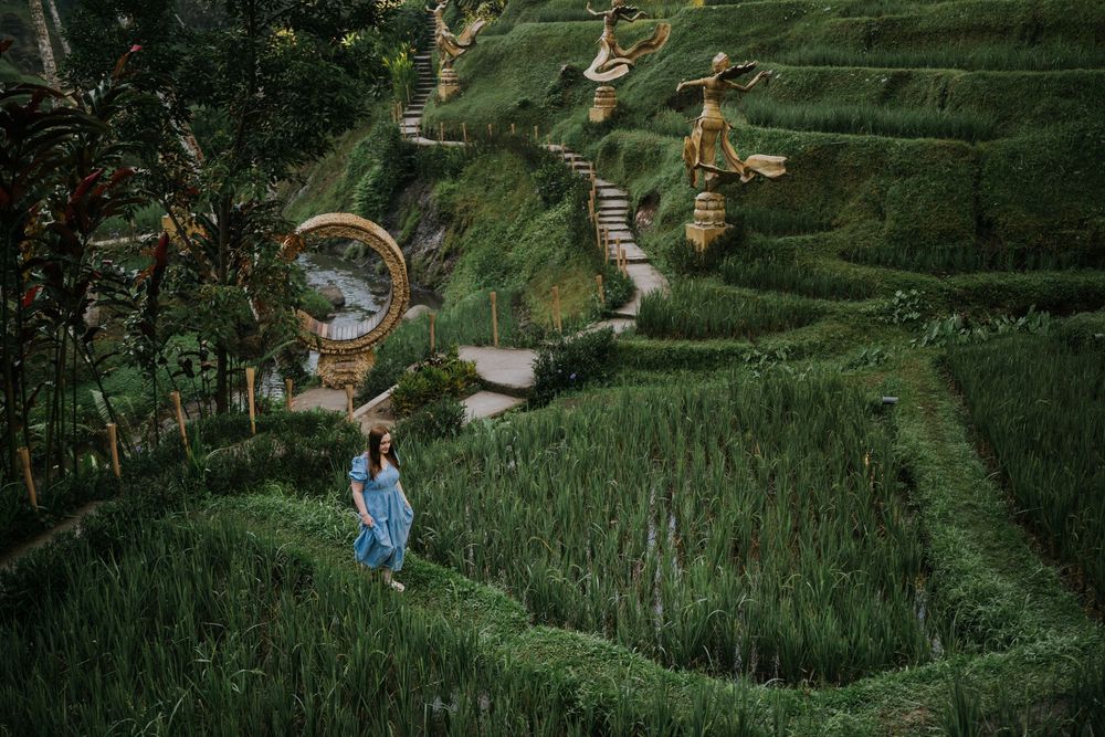 Lifestyle fashion photography in Bali with ricefield view