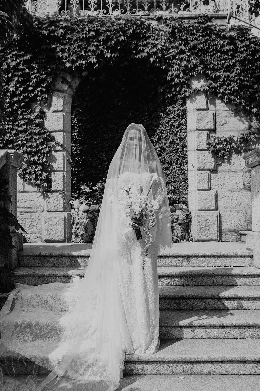 Classic black and white bridal portrait on stone steps with ivy backdrop.