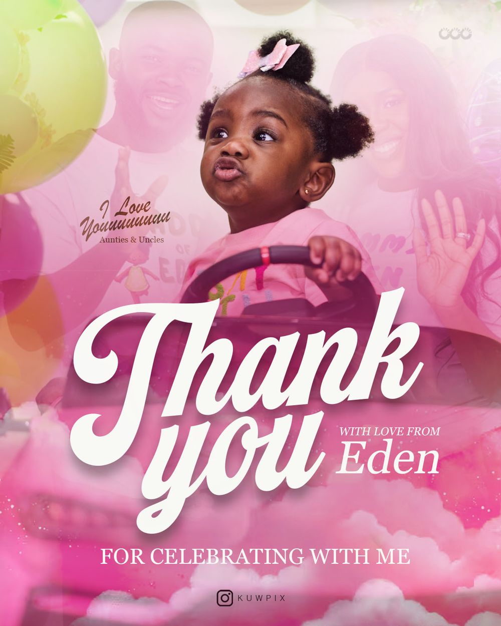 A pink and yellow balloon-filled celebration banner with 'Thank you' text in elegant white typography.