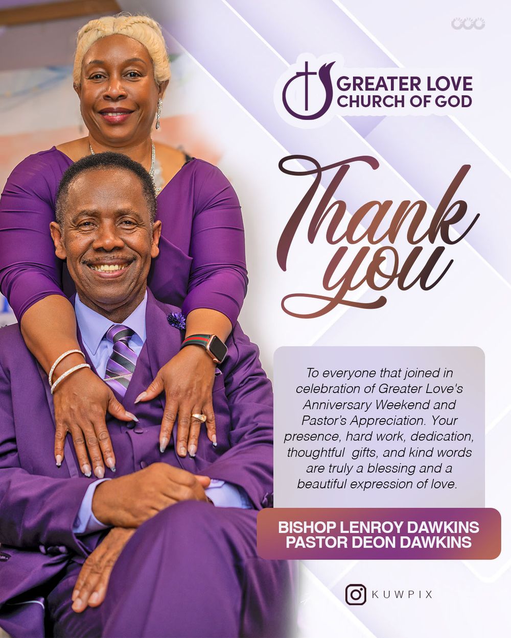 A series of social media carousel images in purple and brown featuring church branding and text for Greater Love Church.