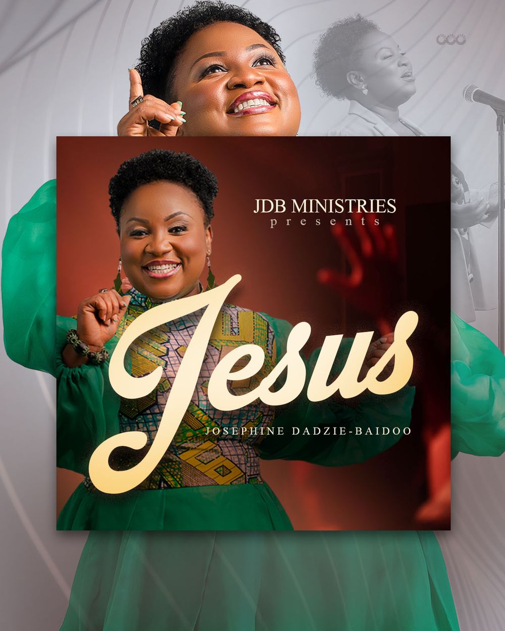 Professional promotional images for JDB Ministries featuring emerald green and gold text design elements.