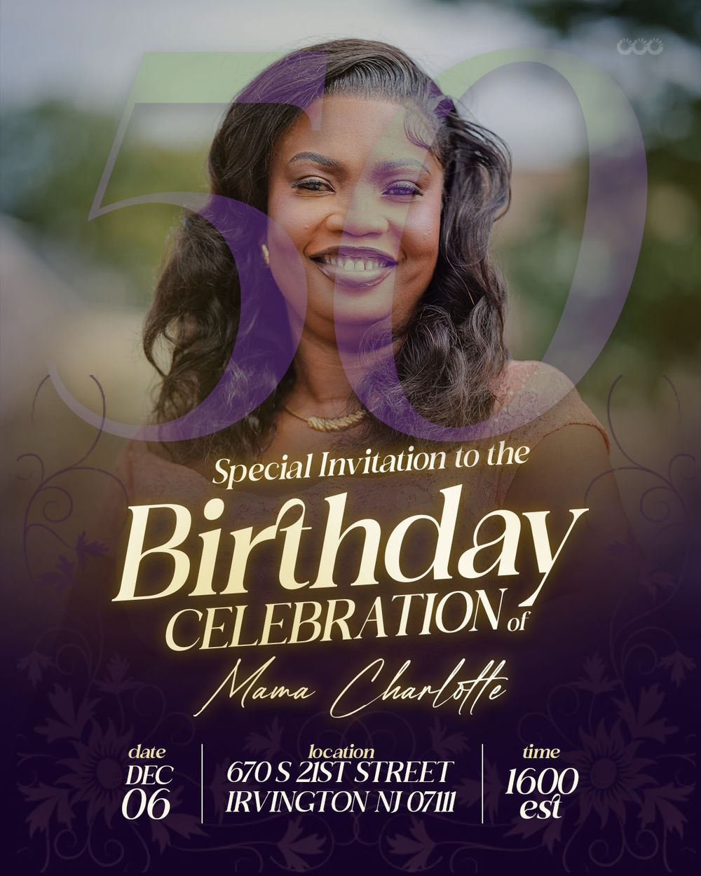 Elegant birthday party invitation design with gold text on a dark purple floral background.