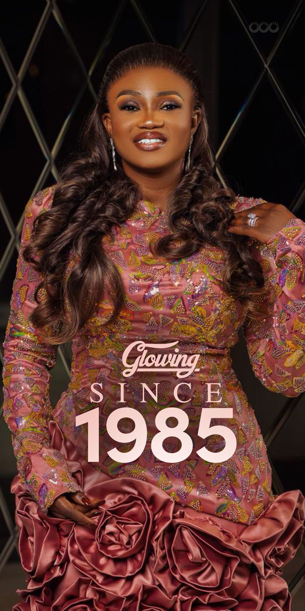 Decorative photo collage featuring a pink and gold sequined dress with text overlay reading 'Glowing since 1985'.