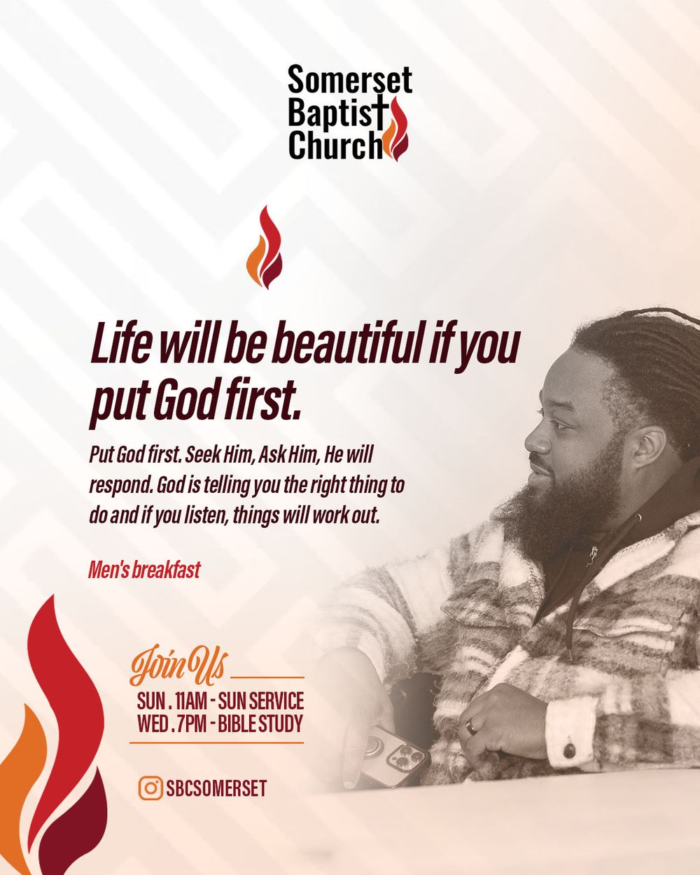 Church social media banner series featuring vintage photos and inspirational quotes about putting God first.