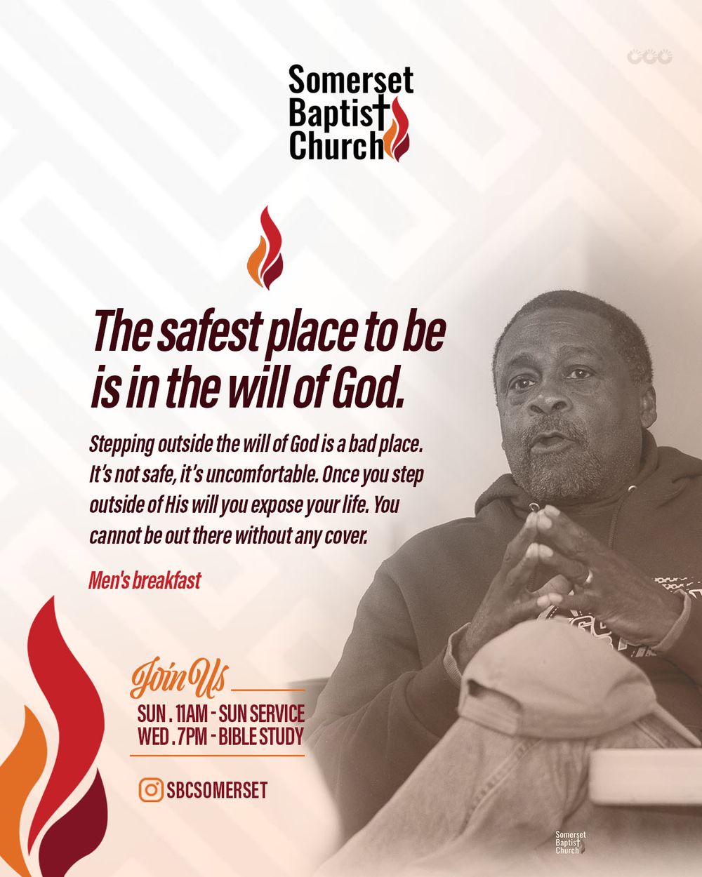 Somerset Baptist Church promotional image with text about being in God's will and service times.