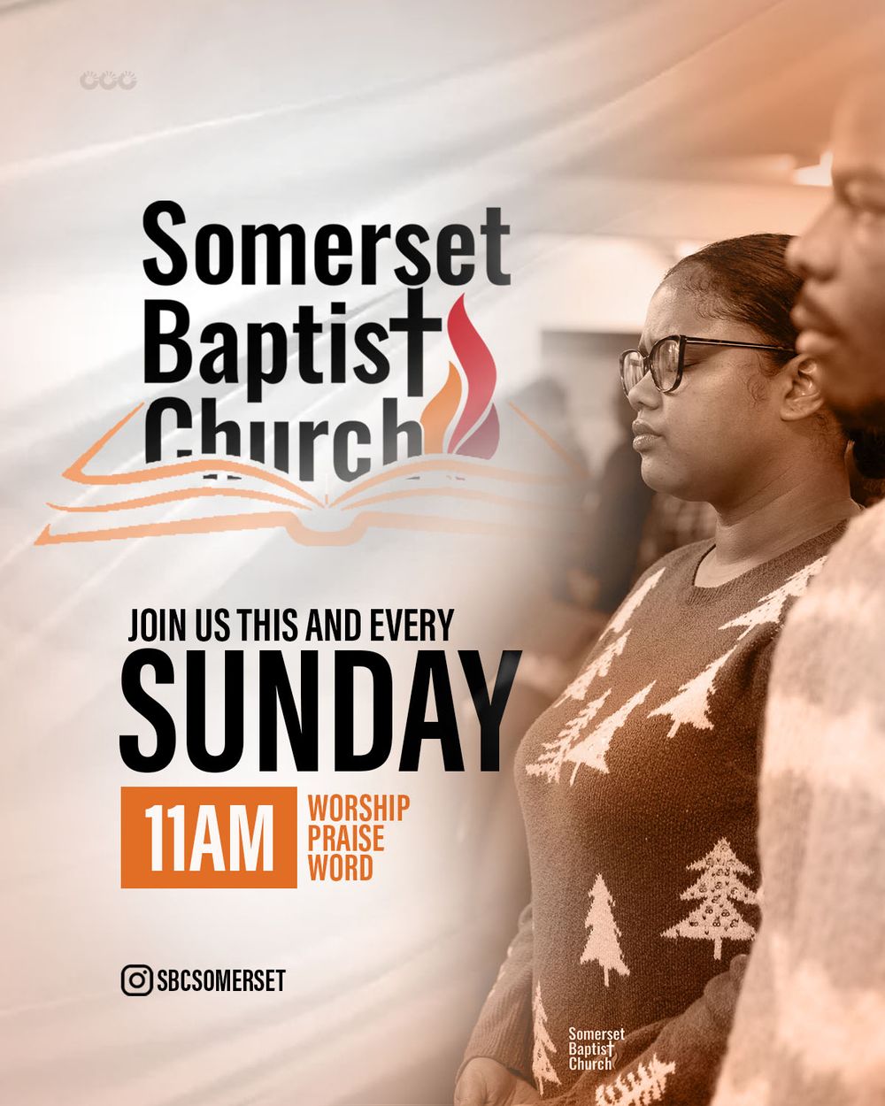 Somerset Baptist Church Sunday service announcement with church logo and worship details.