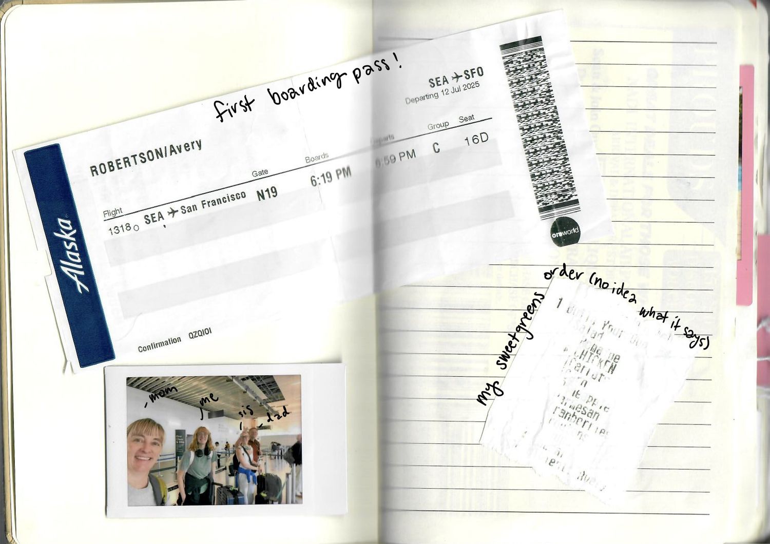 Open notebook pages with handwritten notes and photographs spread across a desk surface.
