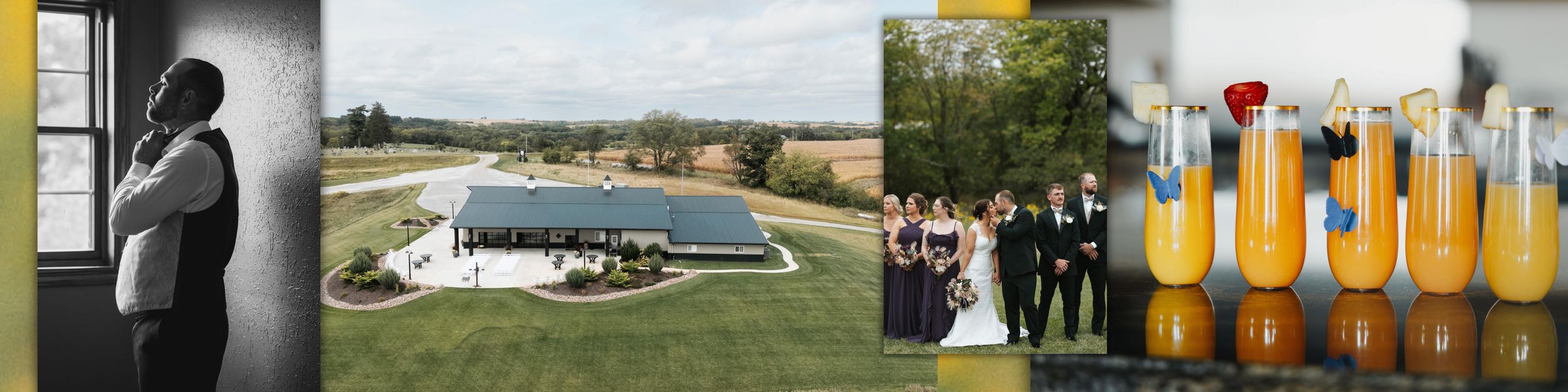A collage strip of event photos showing outdoor scenes, drinks, and gatherings at what appears to be a winery or venue.