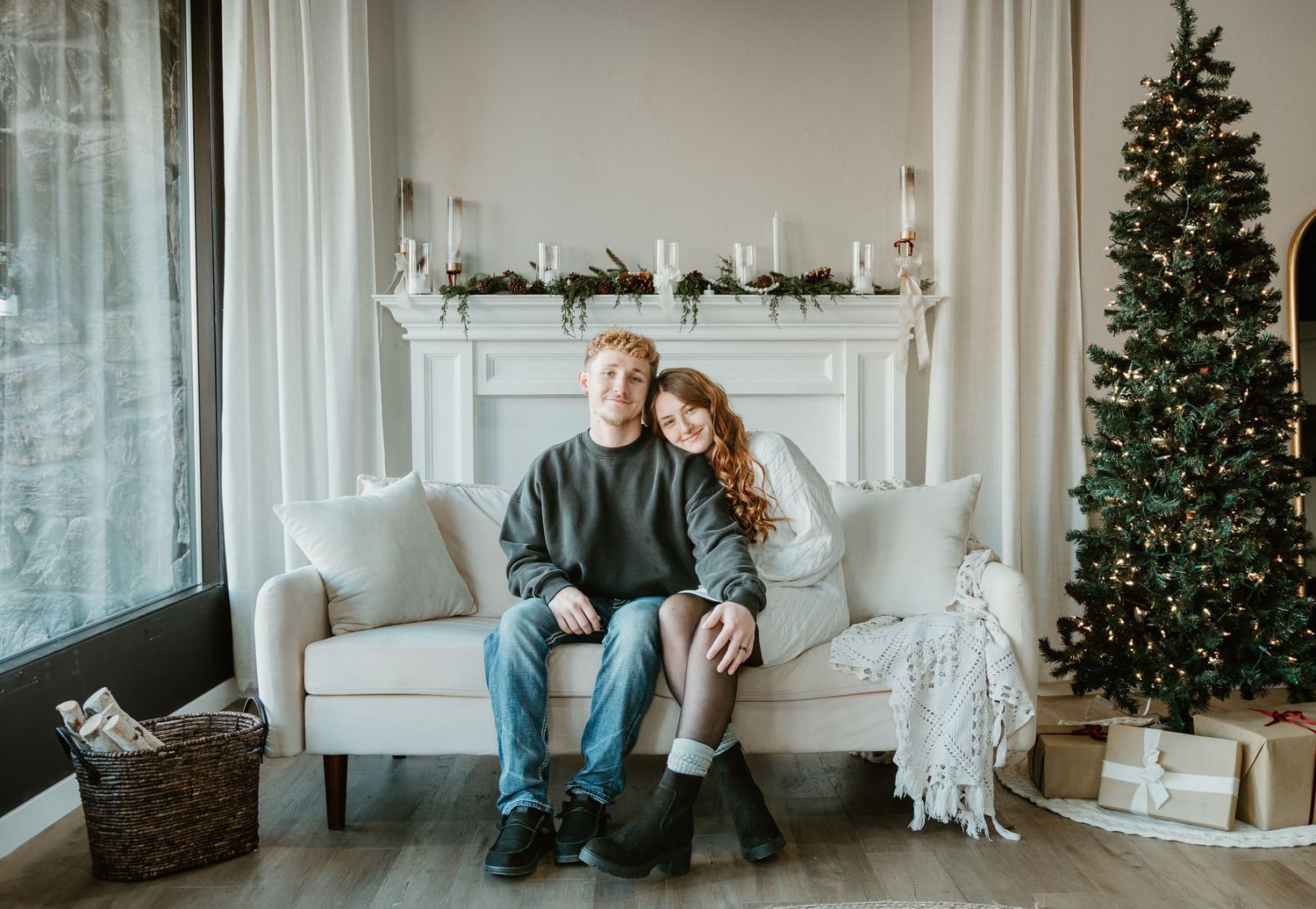 A series of moody, atmospheric wedding photos in a light-filled room with Christmas trees and winter decor.