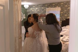 Wedding venue interior with soft lighting and decorative elements.