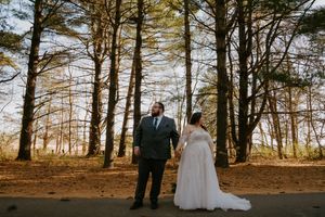 Wide forest landscape frames wedding couple during autumn photoshoot.