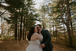 Sequence of romantic wedding photos captured in wooded outdoor setting.