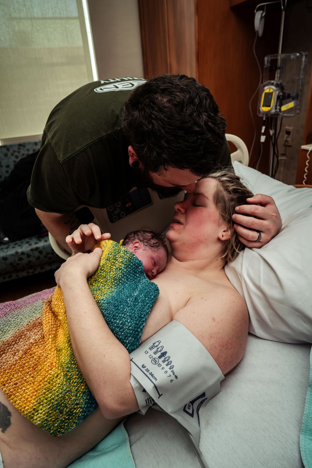 Colorful knit blanket provides comfort during labor and delivery.