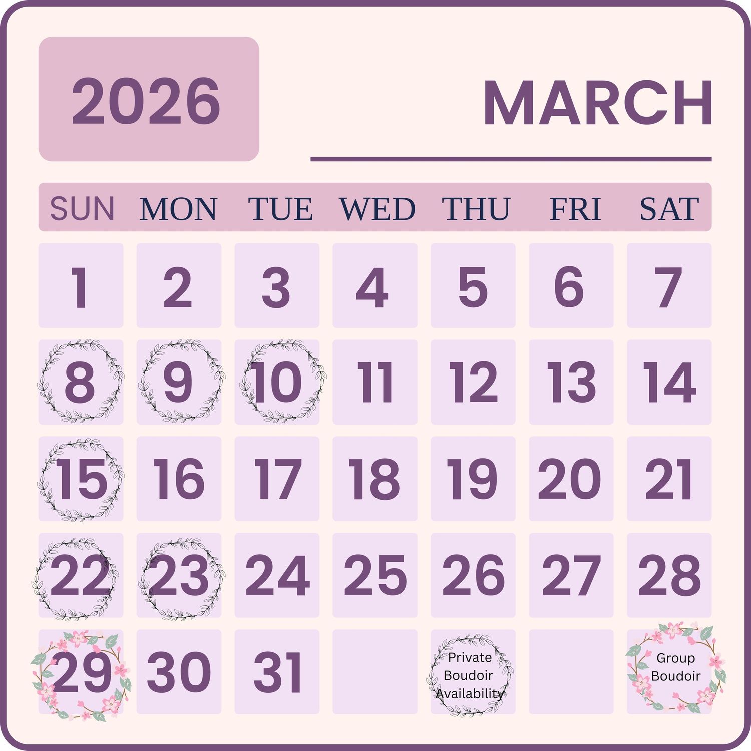 A purple-themed calendar page showing March 2026 with numbered dates and decorative circular elements in a pastel design.