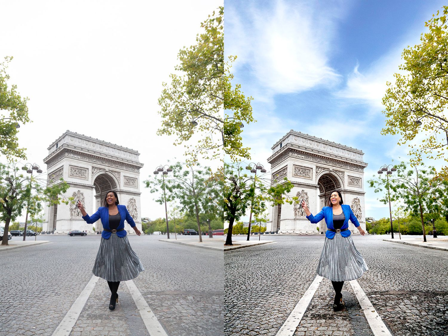 A person in a blue top and grey skirt twirls joyfully in front of the Arc de Triomphe in Paris.