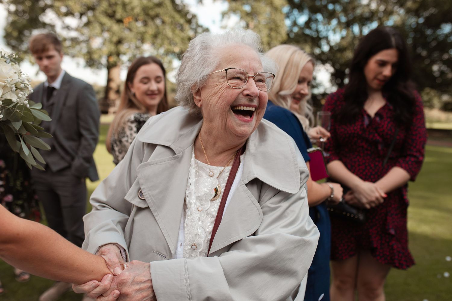 Leeds wedding photographer. Documentary style wedding photographer. Smiling grandma at wedding at Oulton Hall, Leeds.