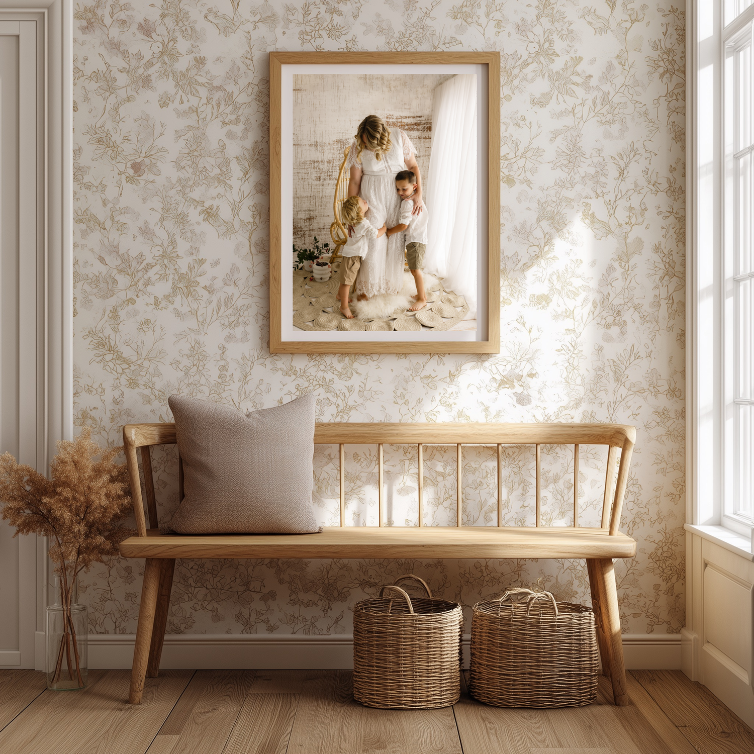 A mommy and me photo, captured by Charlottesville baby photographer Somerset Portraits, hangs framed on the wall of an English cottage.