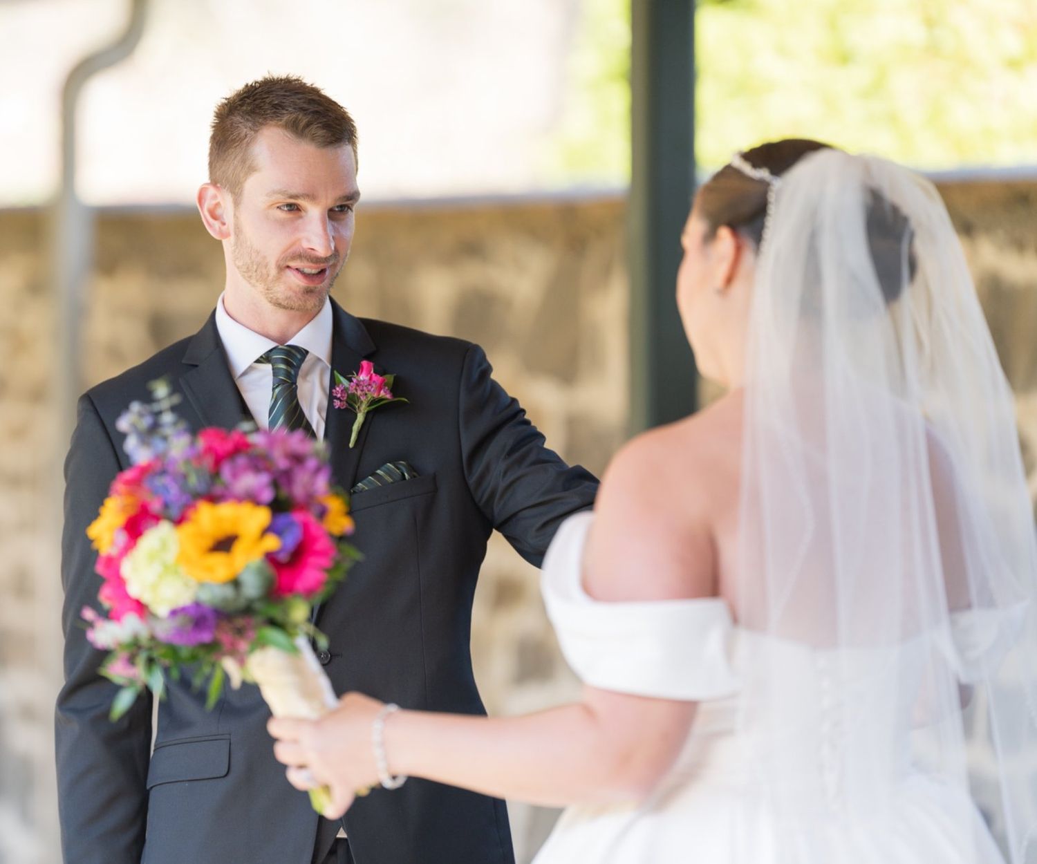 First look moment between bride and groom during a Delaware wedding day timeline